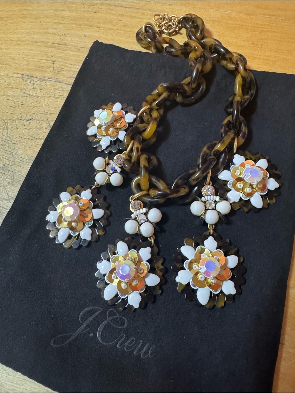J.Crew Vintage Tortoise Medallion Floral Cluster Statement Necklace Dustbag
